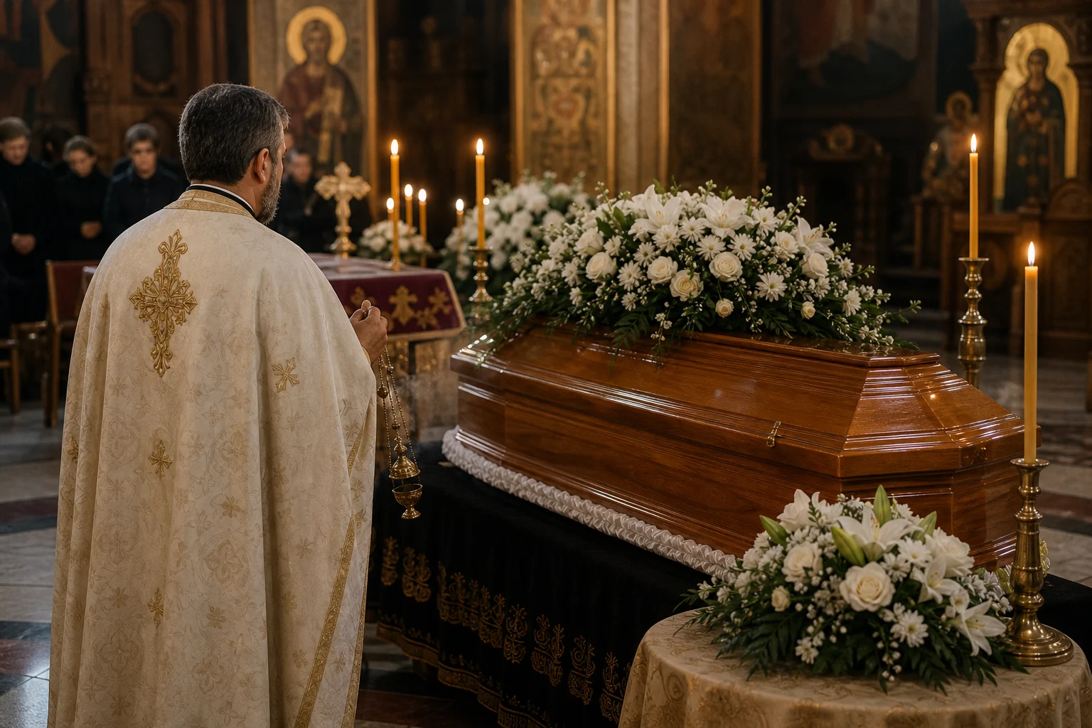 Preot ortodox oficiază slujba religioasă în biserică, sicriu acoperit cu flori